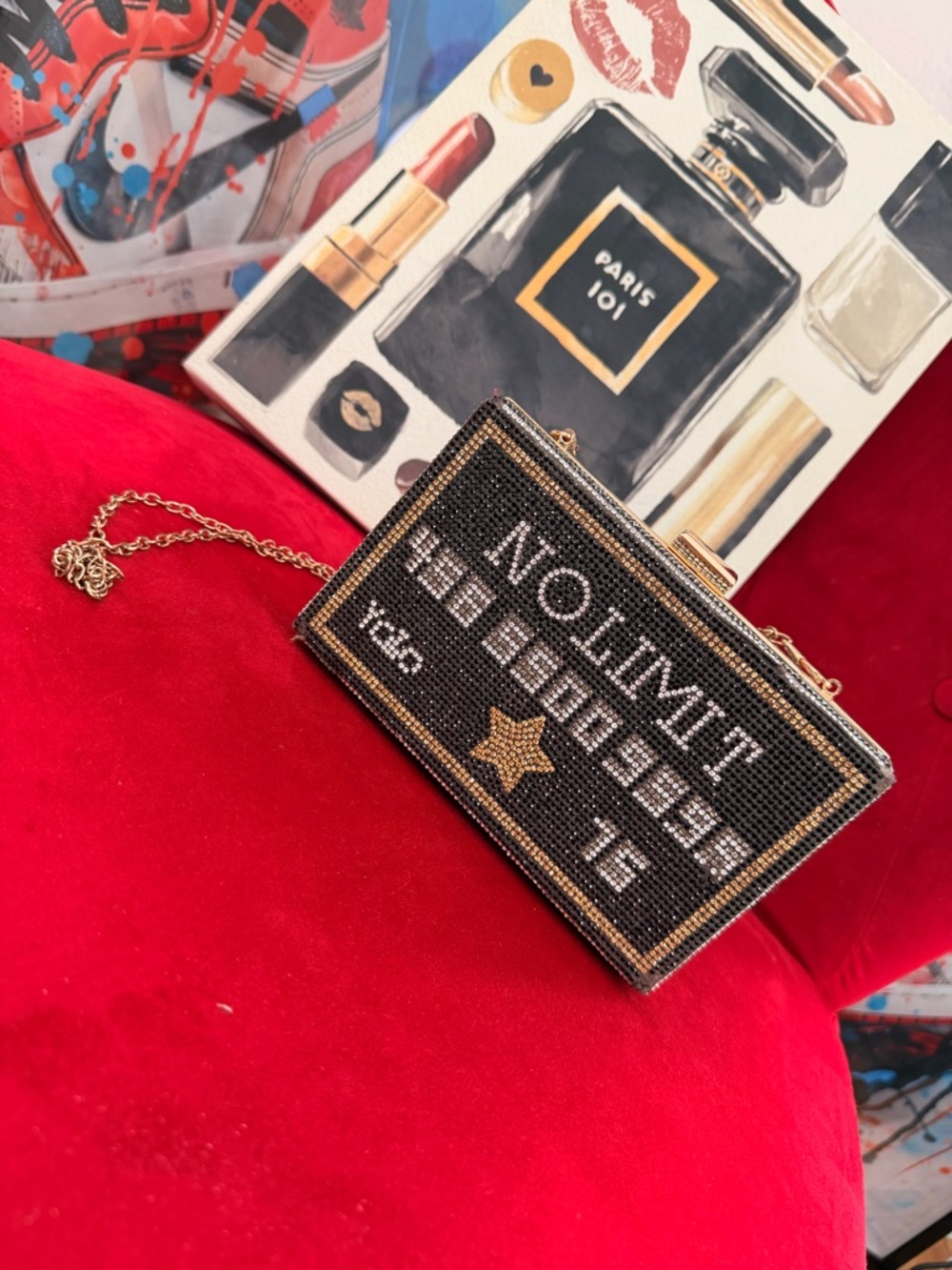 Black Beaded 'No Limit' Rhinestone Box Clutch